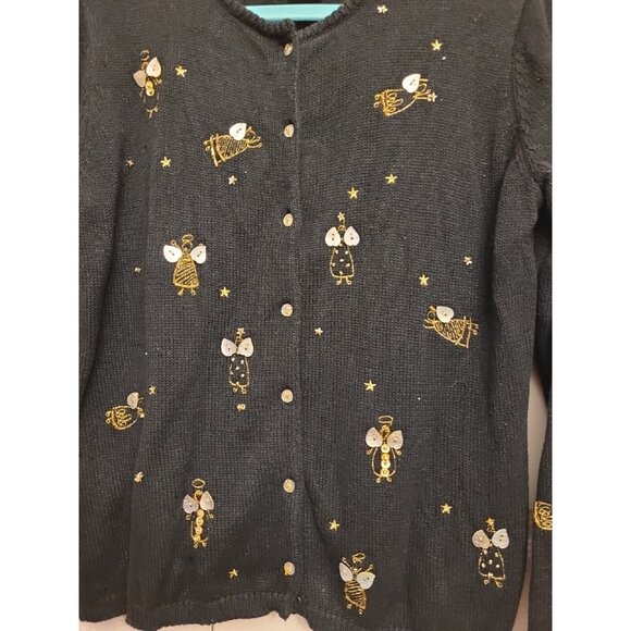 VTG Susan Bristol Embroidered Angel Black Cardigan Sweater SZ Med Christmas 2005 - Picture 2 of 9